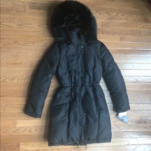 NWT Fox Fur Trim Down 3/4 Length Puffer Coat